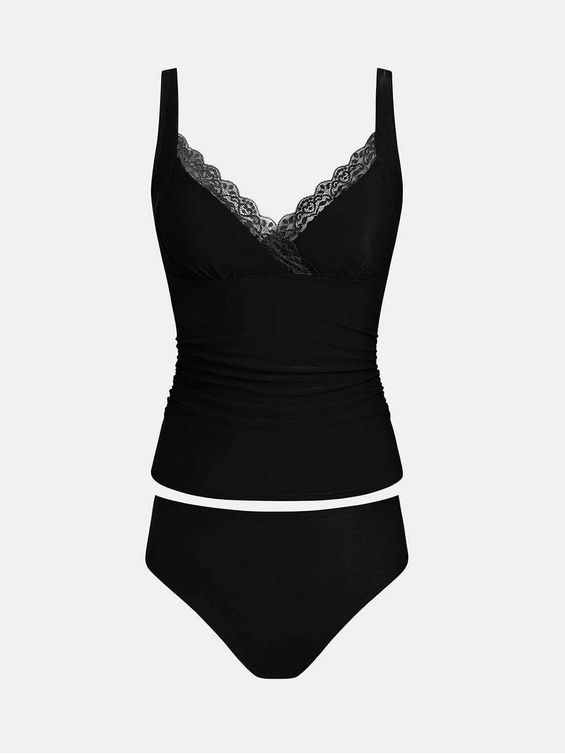 CUPSHE Women's Tankini Sets V Neck Lace Trim Two Piece Swimsuit Adjustable Straps Self Tie Swimwear Ruching