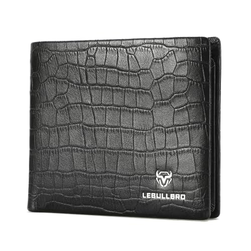 Mens Leather Wallet, Black Crocodile Pattern, RFID Blocking Business wallet, Bifold Purse, Cowhide Purse, Alligator Line, Credit Card Holder for Men with 12 Card Slots