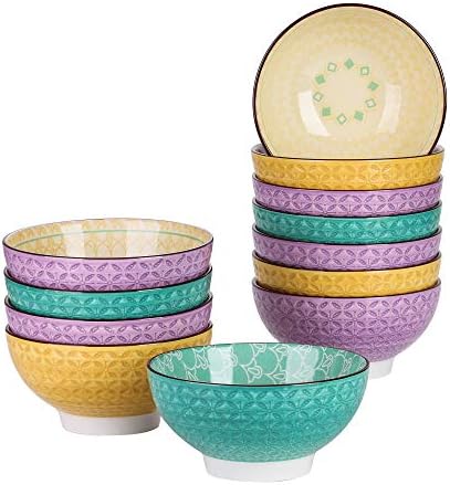 vancasso Natsuki Rice Bowl Porcelain Multi-Colour Patterned Japanese Style Crockery Cereal Bowl Serving Bowl Set of 4, Ideal for Soup/Mixing/Fruit/Noodle/Ramen/Snack