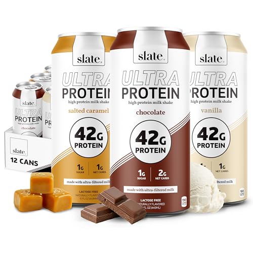 Image of Slate Milk - Ultra Protein Shake - Sweet & Salty Pack - Chocolate, Vanilla, Salted Caramel - 42g Protein, 2g Sugar, 200 Calories, 4g Net Carbs - Lactose Free, No Added Sugar - 15 fl oz, 12 Cans