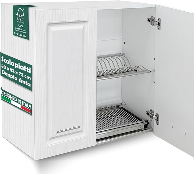Shally Dogan Pensile Scolapiatti con Vassoio Salvagoccia da Cucina Design Boiserie, Mobile a Parete in Legno Resistente Armadio Sospeso con Due ante e Due Ripiani, 80 x 32 x 72H cm (Bianco Frassianto)