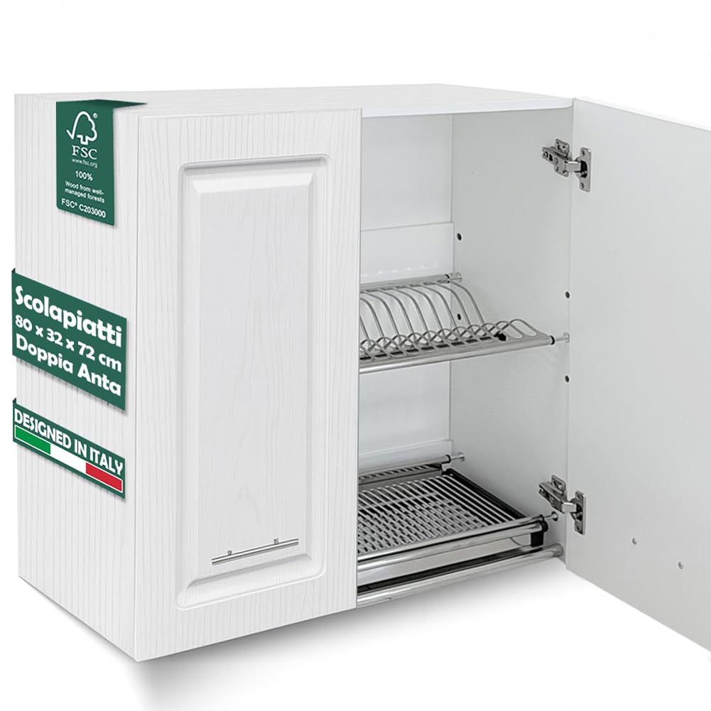 Shally Dogan Pensile Scolapiatti con Vassoio Salvagoccia da Cucina Design Boiserie, Mobile a Parete in Legno Resistente Armadio Sospeso con Due ante e Due Ripiani, 80 x 32 x 72H cm (Bianco Frassianto)
