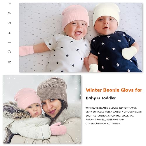 Image of Baby Beanie Hat Gloves Set, Kids Winter Warm Knit Hat with glvoes,Toddler Soft Beanie for Little Boys Little Girls Children