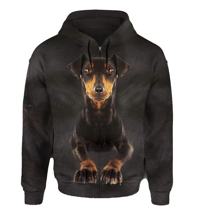 JJCat Männer/Frauen mit Kapuze Langarm 3D-Druck Hundeserie Dobermann Reißverschluss Strickjacke Sweatshirts(XL,Schwarz2)
