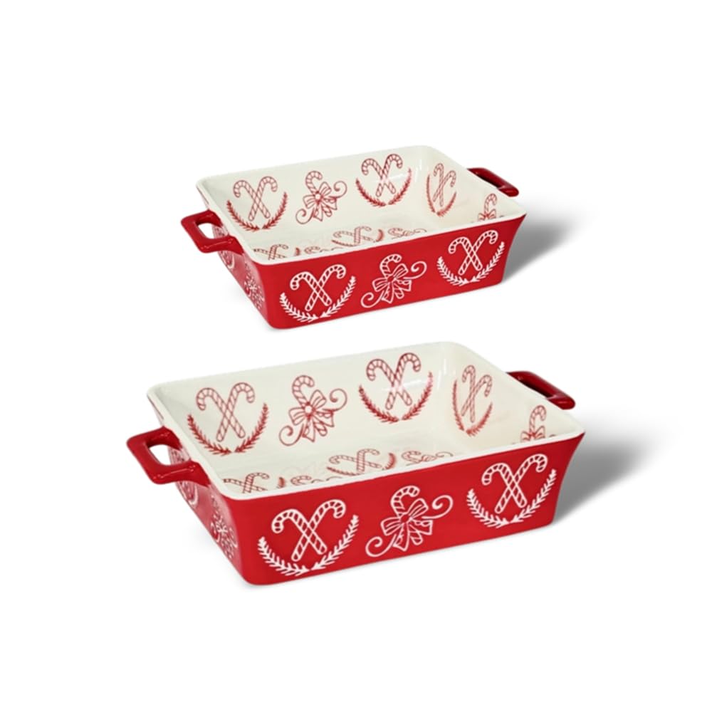 Domini Auflaufformen für den Ofen, Keramik-Backformen für den Ofen, Lasagne-Pfanne, tief, Backform-Set, quadratisch, Auflaufformen-Set mit Griffen zum Backen, Muster Rot (29 cm + 21,6 cm) Weihnachten