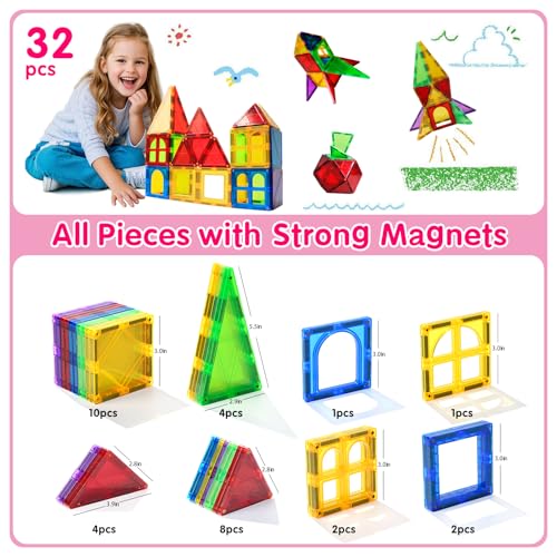 Magnetic Tiles Toys for Kids Preschool Learning, Magnetic Blocks Sensory Montessori Toys Set All Pieces with Magnets, Ideal STEM Educational Construction Gifts for 3+ Year Old Boys and Girls 32PCS - Thumbnail 3