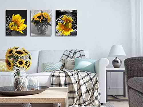 Ardemy Sunflower Painting Canvas Wall Art Yellow Flowers Prints, Summer Florals Black White Modern Pictures Framed For Bedroom Bathroom Living Room Spa Salon Home Office Wall Decor, 12"X16"X3 Panels #TOP1