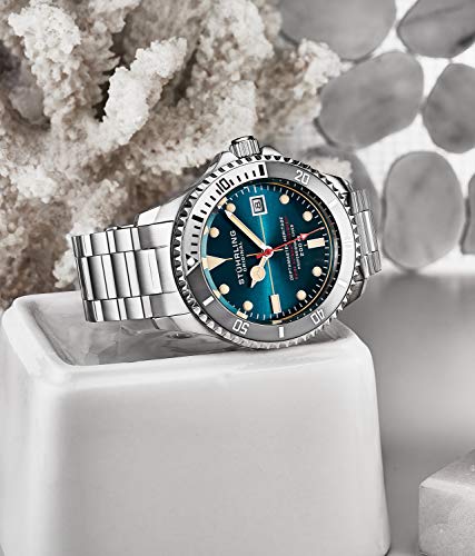 Stuhrling Original Mens Swiss Automatic Stainless Steel Dive Watch, 200 Meters Water Resistant, Brushed and Beveled Bracelet with Safety Clasp and Screw Down Crown