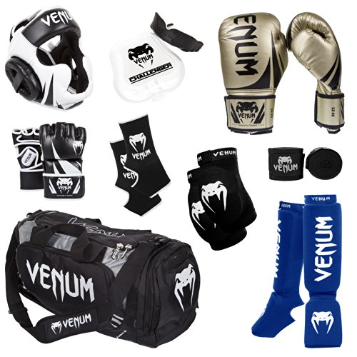 Venum Challenger 2.0 MMA Training Bundle, Gold Gloves, Blue In-Step Shinguards, Black MMA Gloves, Black Headgear, Black Handwraps, Black/White Mouthguard, Black Sport Bag, Black Ankle Support, Black Elbow Protector, 14-Ounce Boxing Gloves, Medium MMA