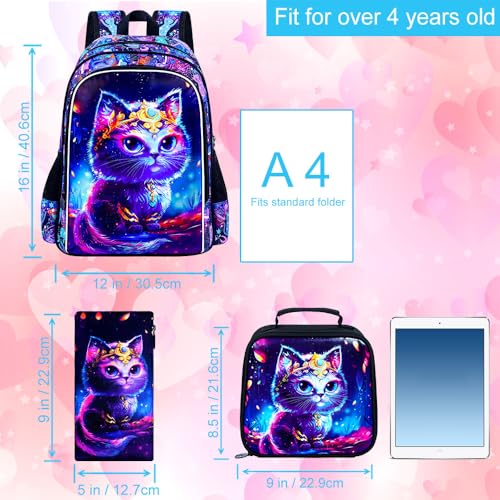 Image of CCJPX 3PCS Cat Backpack for Girls, 16 inch Kids Preschool School Bookbag with Lunch Box for Toddler Elementary Kindergarten