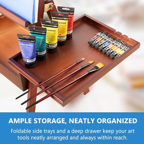 Large Wooden Painting Easel with Storage Drawer and Palettes, H-Frame Studio Easel Stand Holds Canvas up to 36 Inches, Suitable for Adults, Beginners, and Artists, Walnut - Image 4