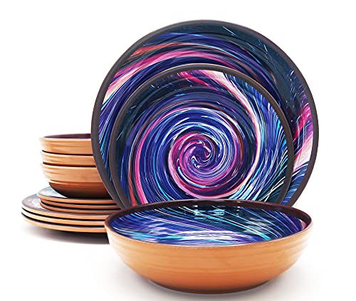 12 Pcs Melamine Dinnerware Set, Astronomy Dinner/Lunch Plate for 4 Indoor Outdoor Safe, Kitchen Melamine Dishes, Plates And Bowls Sets,Round Melamine Salad Plates Picnic bowls for Holiday Home Party