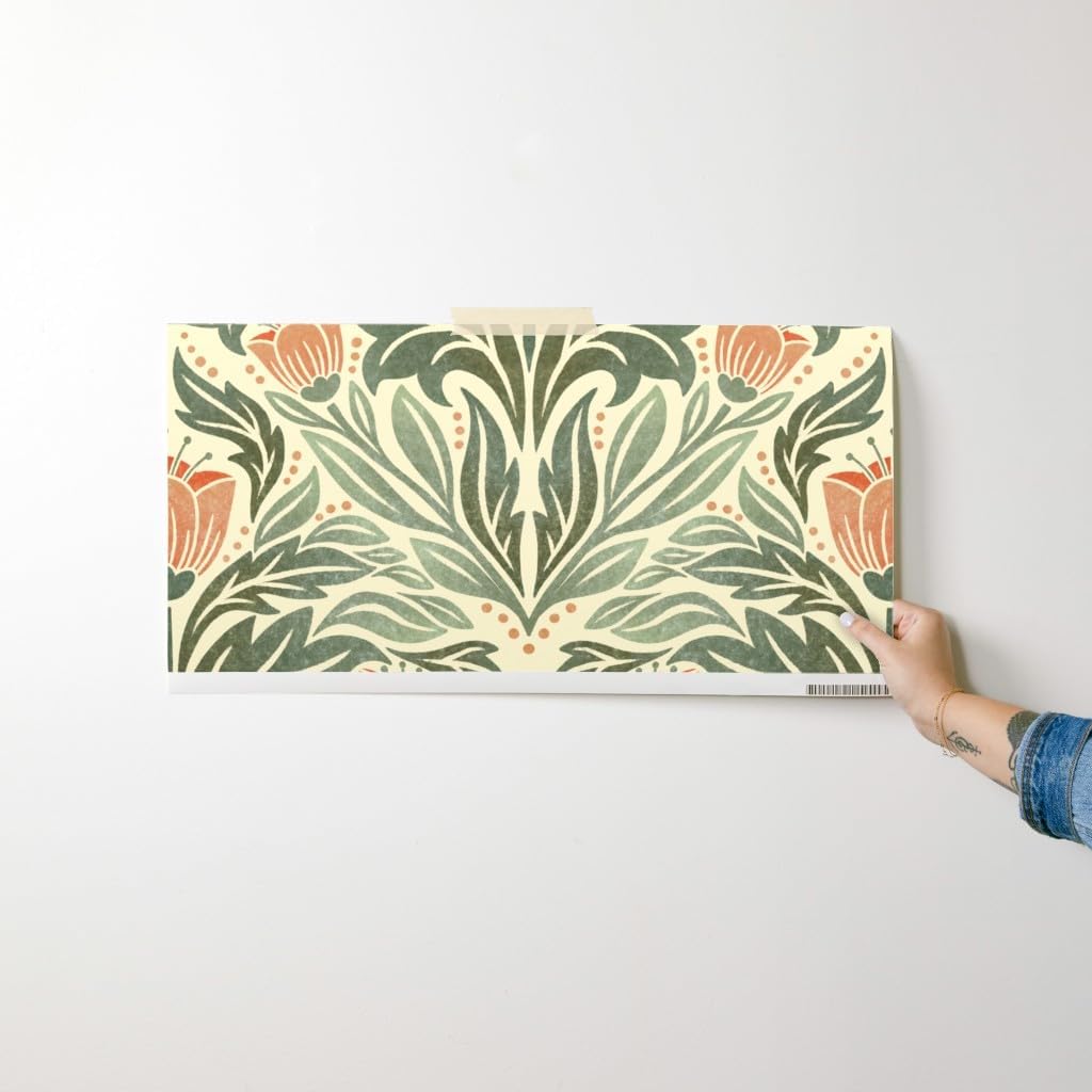 Spoonflower Removable Wallpaper Swatch - Block Print Floral Orange Tulip Damask Rustic Farmhouse Flowers Green Leaves Custom Pre-Pasted Wallpaper