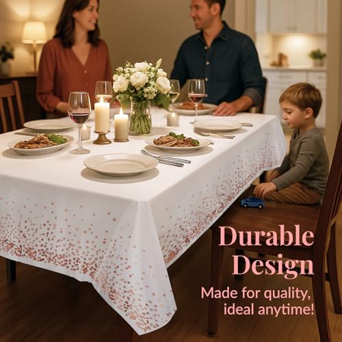 Image of Prestee Rose Gold Plastic Table Cloth Disposable, 4 Pack - 54x108 Inch Rectangle Tablecloths for Wedding and Party - Heavy-Duty, Waterproof Table Covers - Pink and Gold, for Birthday or Fine Dining