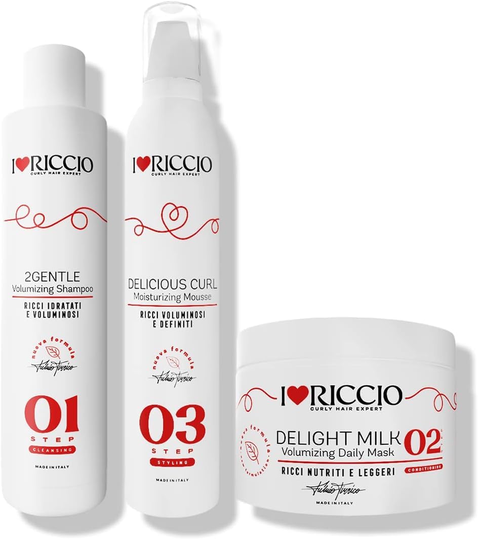 I Love Riccio Kit Mini Size per Capelli Ricci e Mossi con Mousse, Include uno Shampoo, una Maschera e una Mousse di Styling, Indicato per Capelli Ricci di Texture Medio-Sottile, con Collagene