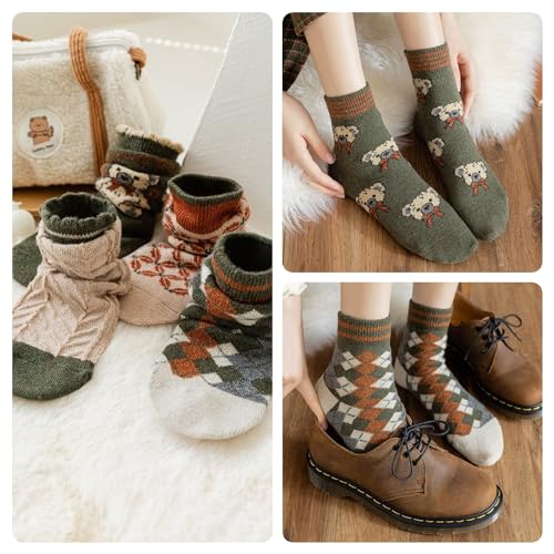Image of 5 /10 Pairs Wool Socks for Women Thick Knit Cozy Vintage Cute Animal Floral Crew Socks