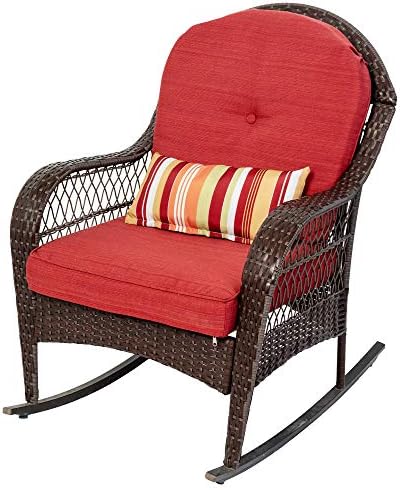 Sundale Outdoor Rocking Chair, Patio Wicker Rocker Chair with Olefin Cushions and Pillow, Rocking Lawn Chair Wicker Patio Furniture - Steel Frame, Brown, Red