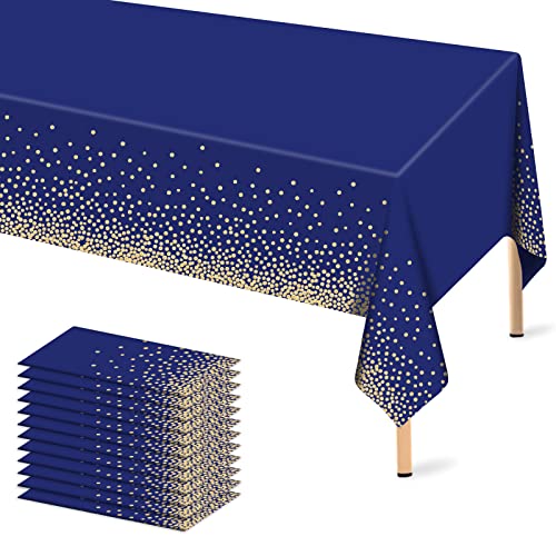 Image of 12 Pcs Navy Blue Plastic Tablecloth Gold Dot Blue Table Cloth, 54x108 inches Disposable Gold Dot Confetti Dark Blue Table Cover for Anniversary, Friendsgiving, Fine Dining, Graduation Party Decoration