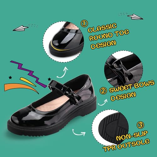 JABASIC Girls Black School Shoes Bow Oxford Mary Jane Flats2