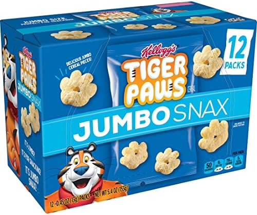 Kellogg's Jumbo Snax Tiger Paws Cereal Snacks, Lunch Snacks, Original, 5.4oz Box (12 Bags)