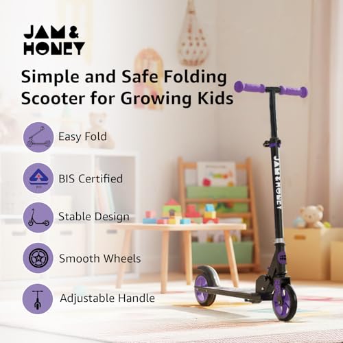 Image of Amazon Brand - Jam & Honey Kids Kick Folding Scooter for Kids (2+ Years) | 3- Step Height Adjustable Handle, Smooth Bearing Wheels & PVC Tyres | BIS Certified | Purple