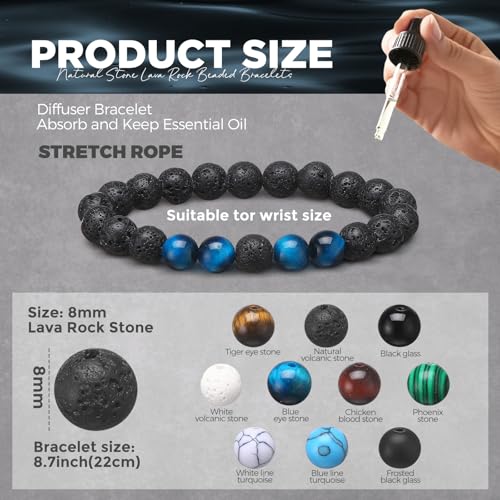 24 Pcs 8 mm Natural Stone Beads Bracelet Set Tiger Eye Men Stretch Lava Adjustable Onyx Matte Beads Essential Oil Diffuser Bracelet for Men Women Jewelry Gifts2