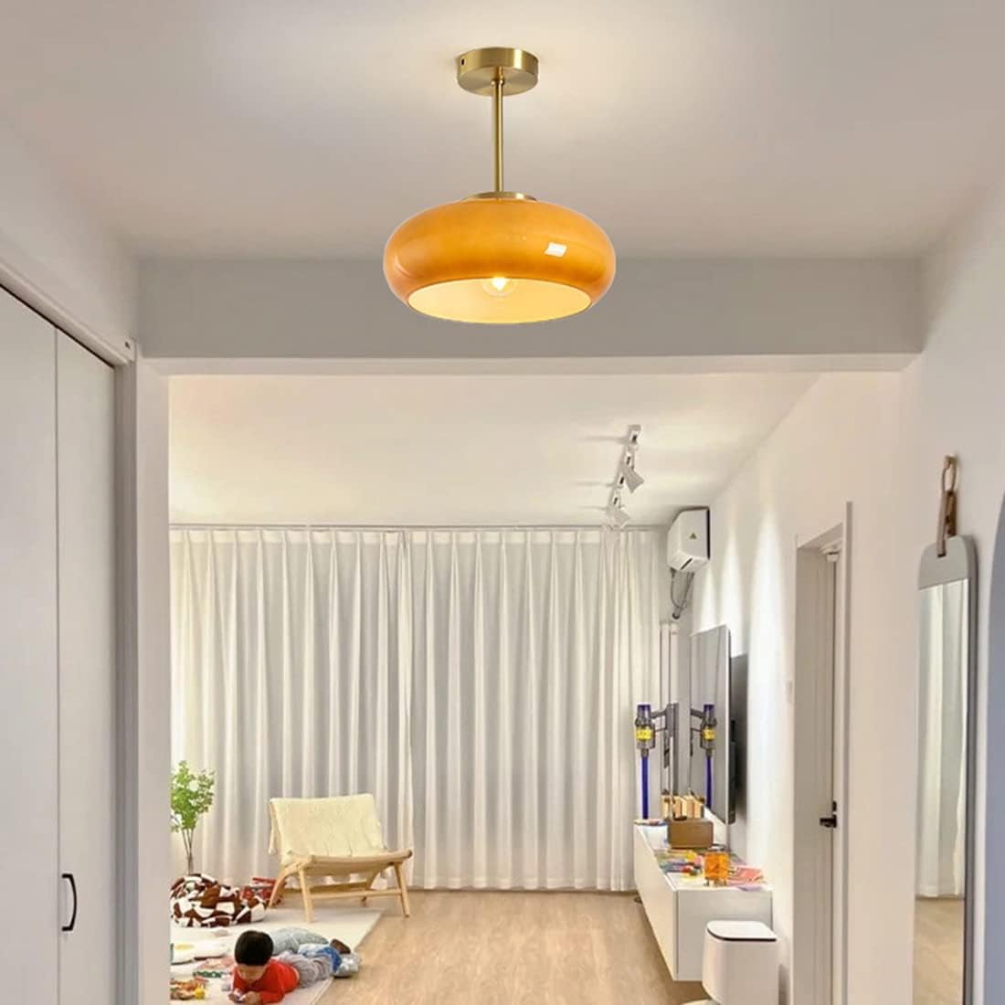 Gold Semi Flush Mount Ceiling Light Glass Mid Century Modern Ceiling Lamp Brushed Brass Flush Mount Ceiling Light with Orange Dome Glass Shade for Hallway Dining Room Bedroom