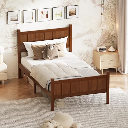 Image of Twin Size Vintage Bed Frame with Headboard, Farmhouse Wooden Platform Bed with Under-Bed Storage, Minimalist Modern Wood Grain Finish Bedframe for Bedroom (Dark Walnut)