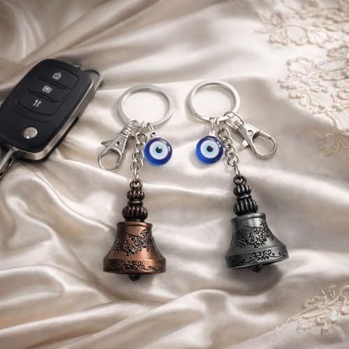 Image of Guardian Bell Keychain For Bike & Car | Tibetan Bells Texture Keyring For Bike | Copper Silver Combo Bells | Evil Eye Good Luck Charm Bell Keychains | Nazar & Protection Charm | KeyRing for Riders