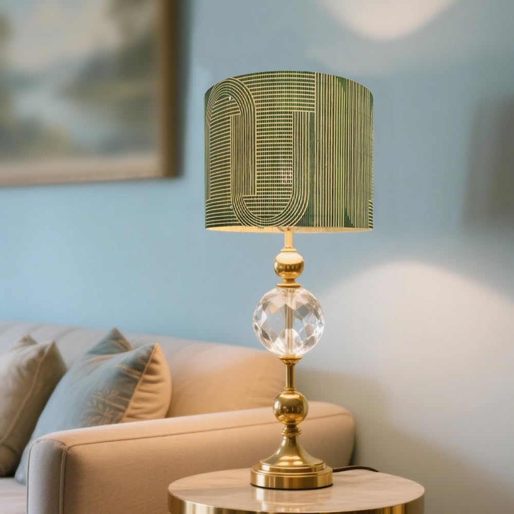 Rustic lamp Shade Bamboo with Decorative Green Geometric Figure Drum lamp shade for table lamps and floor lamps Ideal for Living Room Bedroom Easy Assemble Size 11.8 * 9.05Inch (Art Deco B)