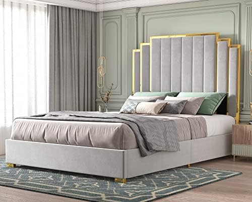 HOWE King Size Bed Frame and 65" Headboard, Upholstered bed with Golden Plating Trim, Modern Platform Bed No Box Spring Needed, Light Grey