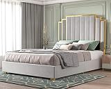 HOWE King Size Bed Frame and 65" Headboard, Upholstered bed with Golden Plating Trim, Modern Platfor