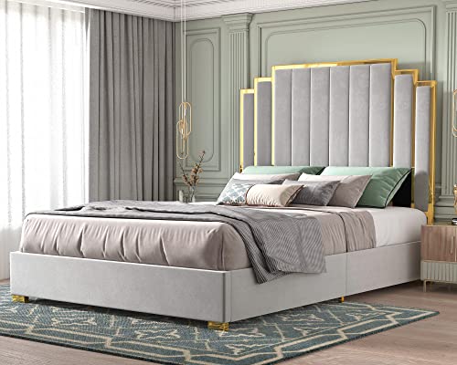 Howe King Size Bed Frame And 65" Headboard, Upholstered Bed With Golden Plating Trim, Modern Platform Bed No Box Spring Needed, Light Grey #TOP30