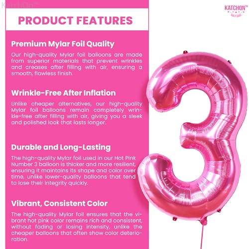 Image of KatchOn, Hot Pink Number 3 Balloon 40 Inch | Number 3 Foil Balloon, 3rd Pink Birthday Decorations for Girls, 3rd Anniversary Decorations, Pink Party Decorations