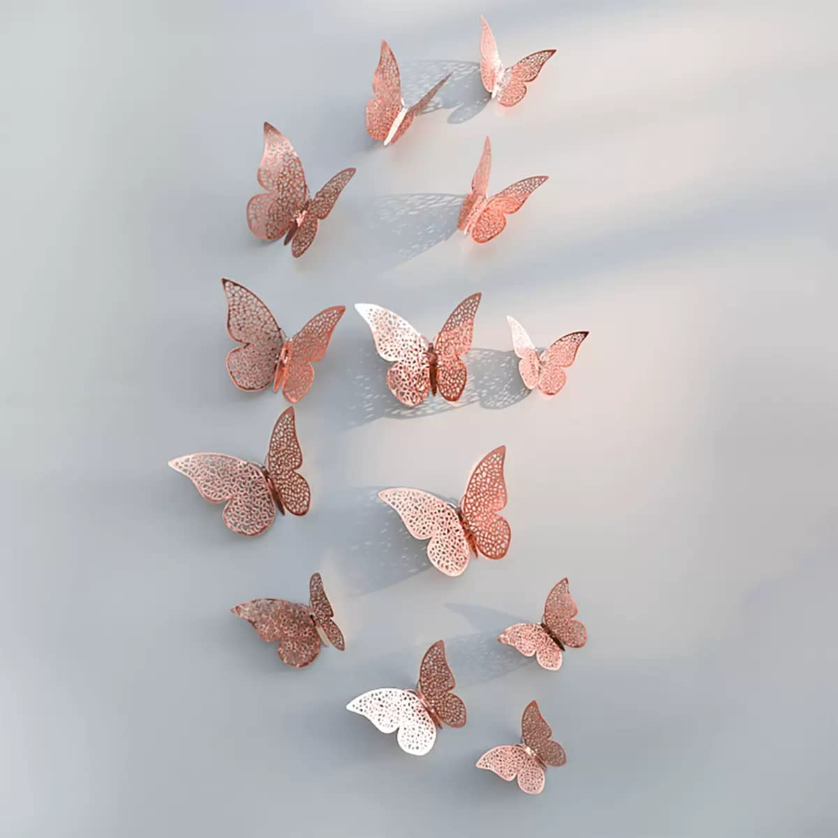 Jorex Mart Congealed Paper Metallic Finish Home Decor 3D Butterfly with Sticking Pads (Rose Gold) (Set of 12 Pcs)