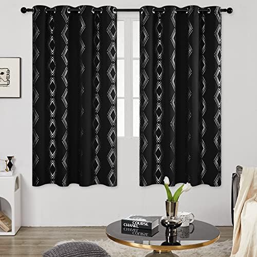 Deconovo Elegant Blackout Curtains, Noise Insulated Eyelet Curtains, Silver Floral Leaf Printed Thermal Insulated Curtains for Bedroom, 46 x 54 Inch(Width x Length), Black, 2 Panels