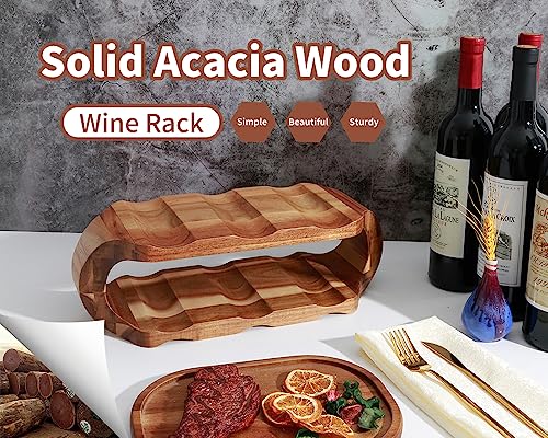6-Bottles Wine Racks Countertop, 2-Tier 6-Slot Stackable Rustic Wooden Wine Cellar Racks, Solid Acacia Wood Wine Holder Storage Stand, Wine Bottles Display Shelf For Kitchen Tabletop Pantry Bars #TOP5