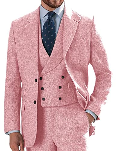 Tweed Suits for Men 3 Piece Herringbone Tweed Suits Slim Fit Double Breasted Blazer Jacket Tuxedos Costume Wedding Prom