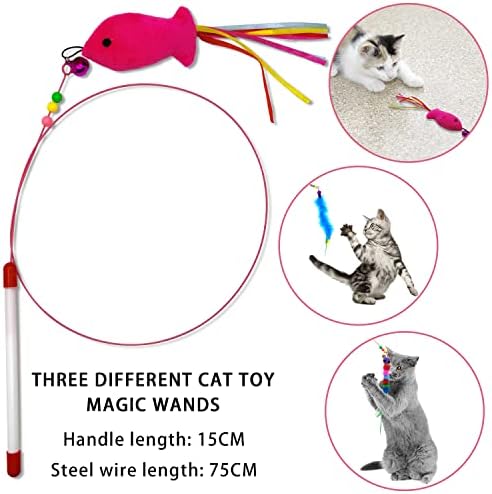 Autoau 3Pack Cat Feather Toys,Interactive Cat Teaser Wand With Pink Fish And Mice Bells, Cat Toys For Indoor Cats Kitten Interactive Training