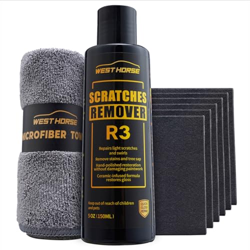 WEST HORSE Scratch Remover R3 – Car Paint Scratch Repair Kit for Light Scratches, Swirl Marks & Stains | Ceramic-Infused Formula | 8-Piece Set (5oz Compound + 6 Microfiber Pads + 1 Towel)