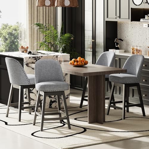 MALOL Swivel Bar Stools Set of 4, Upholstered Fabric Mid Century Mondern Barstools, 26 inch Counter Height Bar Chairs with Solid Back and Wood Legs, for Kitchen Island，Dark Grey