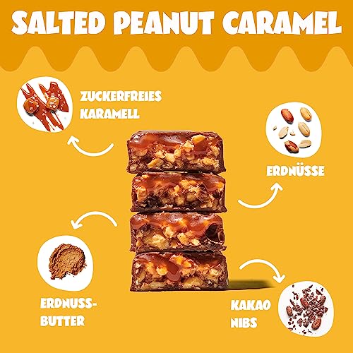 AHEAD Veganer Süßigkeiten Riegel – Salted Peanut Caramel – 16 x 35g – Keto Riegel mit zuckerfreier Schokolade – nur 5g Net Carbs pro Low Carb Süßigkeit - Verbesserte Rezeptur