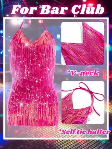 Image of Kaei&Shi Sequin Fringe Romper,Sparkly Glitter Metallic Jumpsuits For Women,Backless Shorts Dress Disco Birthday Dance Outfit
