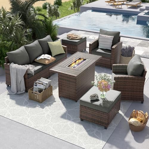UDPATIO Patio Furniture Set with 44" Fire Pit Table, 6 Pcs Outdoor Couch