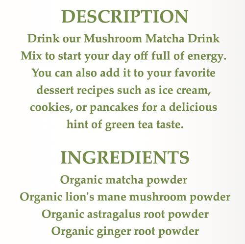 Cherie Sweet Heart Mushroom Matcha Drink Mix, 40 Servings, 4.23 Ounces, Japanese Matcha Green Tea Powder with Lions Mane Mushroom, Astragalus, Ginger, Organic Green Tea