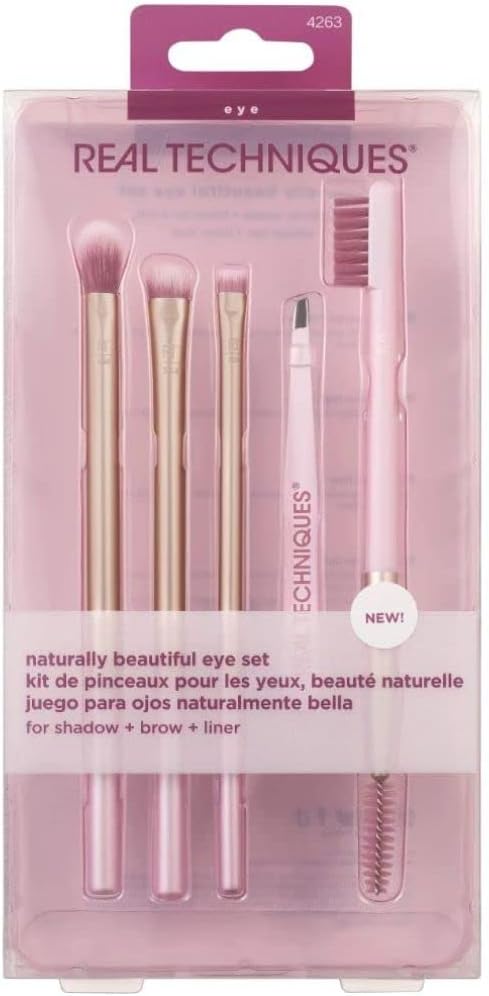 REAL TECHNIQUESNaturally Beautiful Eye Makeup Brush Kit, Professional Eye Brush Set, Soft Bristles, Cosmetic Brushes For Eyeshadow, Eyebrow, Blending, Fan, and Eyelashs, 5 Piece Set, Pink
