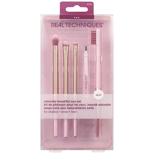 Real Techniques - Juego de ojos Naturally Beautiful para mujer, 5 piezas, pincel cónico de sombra - 355, pincel resaltador de cejas - 354, pincel