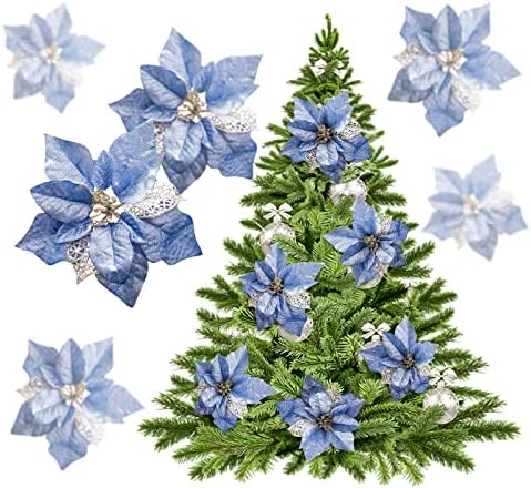 Crazy Night 12pcs 8.7inch Blue Glitter Poinsettia Artificial Flowers,Christmas Tree Decorations,Wedding Xmas New Year Wreath Ornaments