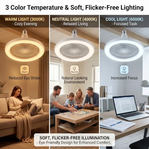 Ventilador de techo LED regulable 3 colores casquillo E27 con mando para regular aire 6