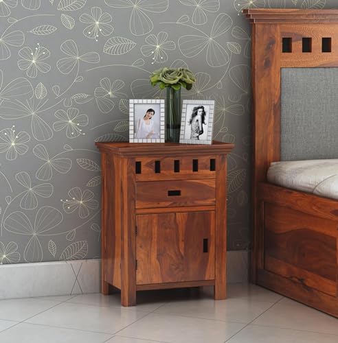 Image of Sheesham Wood Bedside Table with Drawer and Door Storage for Bedroom Wooden Nightstand End Table for Home (Honey Finish)